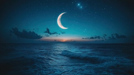 A serene crescent moon hangs over a tranquil ocean under a starry night sky. Perfect for meditation or sleep apps promoting relaxation and tranquility.