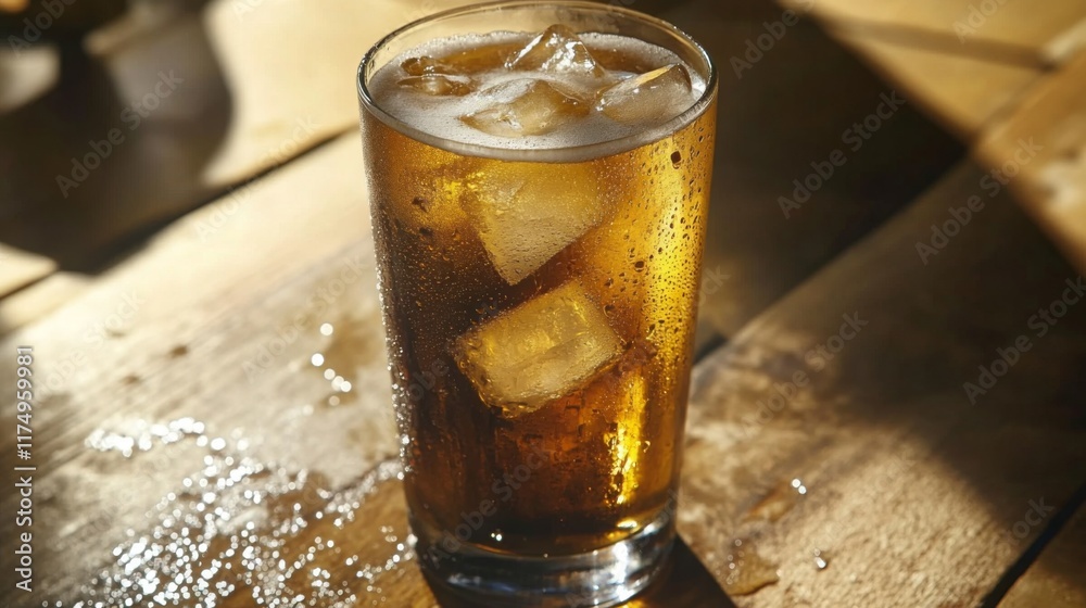 Poster a cold, chilled glass of beer with ice cubes, placed on a wooden table with droplets of condensation