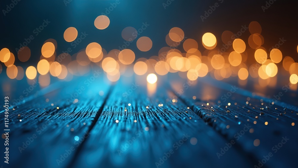 Wall mural blue textured surface, adorned with a mesmerizing array of golden bokeh lights, set against an abstr