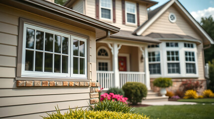 Fototapeta premium A beige house with white-framed windows, a porch, and landscaping. A smaller section of a similar house is visible on the left. The main focus is the window of the left house.