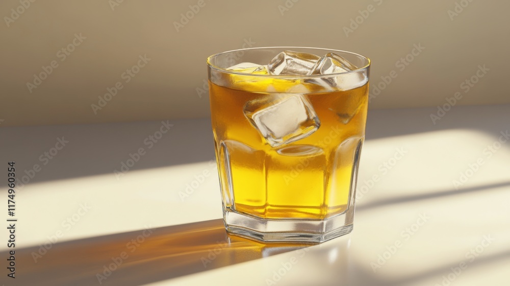 Poster a cold glass of beer with ice cubes inside, captured from a side angle with reflections on the glass
