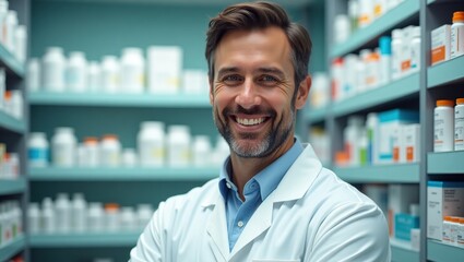 Detailed confident male pharmacist, with short, dark brown hair, piercing blue eyes, reassuring smile, wearing a crisp, pristine white lab coat .