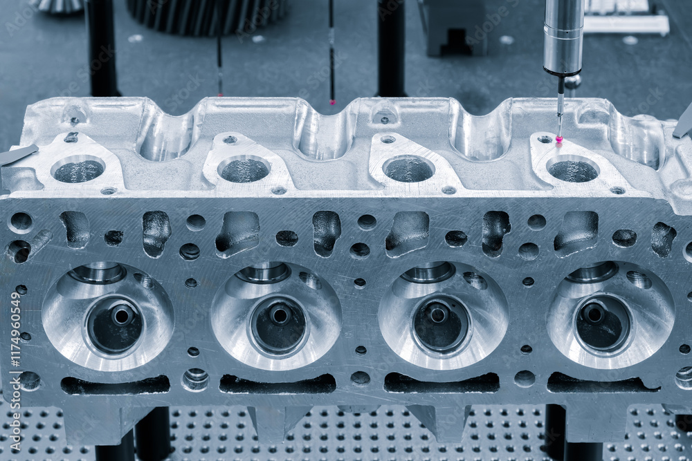 Poster coordinate measuring machine probe measure cylinder block of diesel engine repair. cylinder block, c