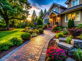 Obraz premium Natural Light Candid Photo: Front Yard Pavers, Stone Pathway, Landscaping Design