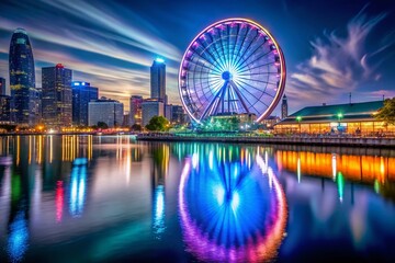 Navy Pier Ferris Wheel Night Lightscape - Chicago Cityscape Illumination