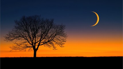 A lone tree silhouette against a vibrant sunset with a crescent moon. Ideal for desktop wallpapers, nature-themed designs, or social media posts.