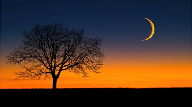 A lone tree silhouette against a vibrant sunset with a crescent moon. Ideal for desktop wallpapers, nature-themed designs, or social media posts.