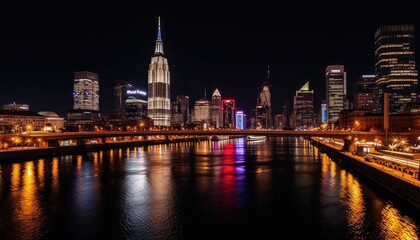 Obraz premium Night cityscape, river reflections, urban skyline, illuminated buildings, city at night, travel photography