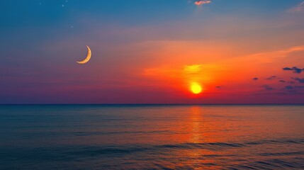 A breathtaking sunset over a tranquil ocean with a crescent moon and stars in the sky. Ideal for travel, nature, or relaxation-themed projects.