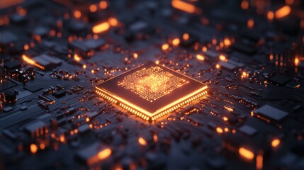Animated digital chip glowing in the middle of a circuit board, surrounded by dynamic connections and space for a logo.