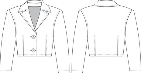 collared buttoned tailored darted cropped crop short blazer jacket coat template technical drawing flat sketch cad mockup fashion woman design style model 
