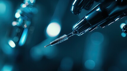 Close-up of a tattoo machine's needle tip, in a dimly lit studio, with blurred background.