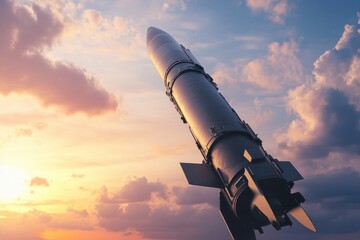 Rocket launches into the sky at sunset over a serene landscape