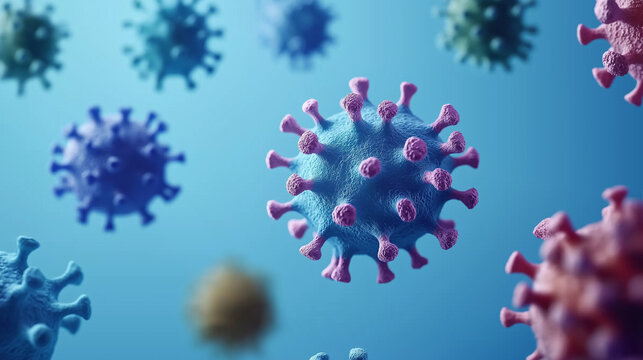 Virus cells in a blue medical themed background, perfect for disease prevention and scientific analysis