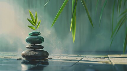 Still life spa composition with neatly stacked rocks and vibrant bamboo leaves, AI generated image