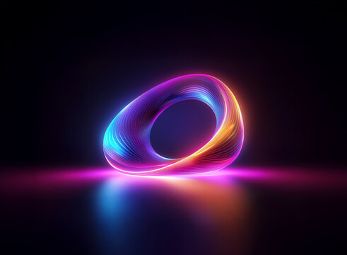 A vibrant, glowing torus floats above a reflective surface, emitting a captivating blend of pink, blue, and orange light. Its smooth, polished surface suggests a sense of futuristic technology.
