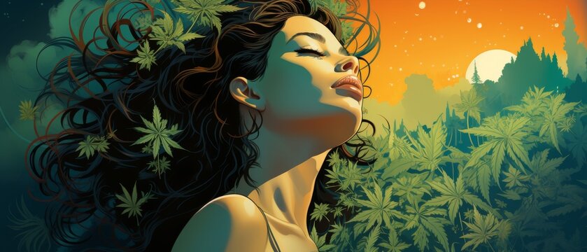Beautiful Woman Embracing Nature on World Cannabis Day Illustration
