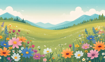 Children's illustration with a meadow of blooming flowers. Spring meadow with wildflowers. Summer natural landscape Conceptual design of a children's room.