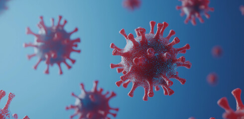 Microscopic virus cells floating in a digital medical background, highlighting infection, disease, and health science themes