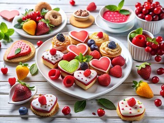 Fototapeta premium Festive Valentine's Day Dessert Plate: Colorful Cookies, Cakes & Strawberries