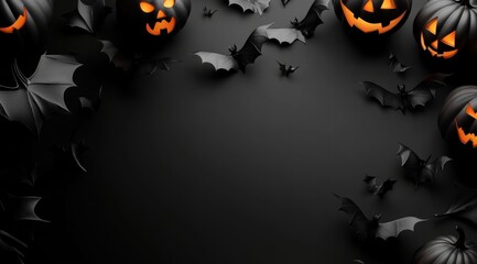 3D rendering of a Halloween background with pumpkins and bats on a black color
