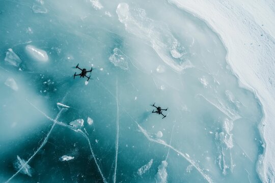 Two drones hover over cracked, icy water.