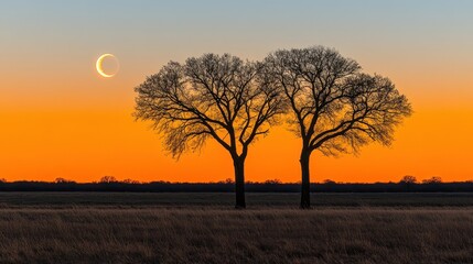 Fototapeta premium Silhouetted trees stand against a vibrant orange sunset sky with a crescent moon. Ideal for nature lovers and desktop backgrounds.