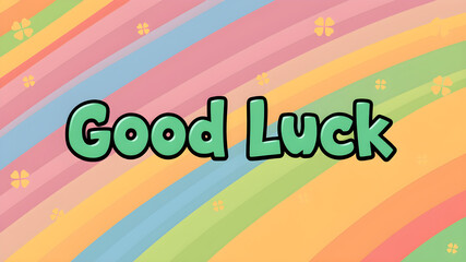 “Good Luck” text in a quirky, cartoonish font on a rainbow background with lucky symbols. Generative AI