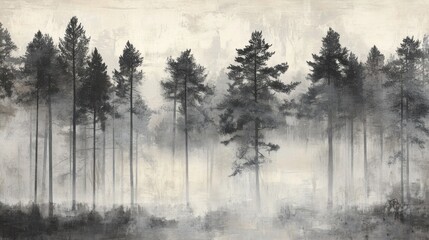 Fototapeta premium Misty forest scene with tall, dark pine trees in a grayscale palette.