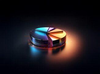 A vibrant, metallic pie chart glows with iridescent segments on a dark reflective surface, illustrating data analysis and segmentation.  The circular chart is three-dimensional and highlights proporti