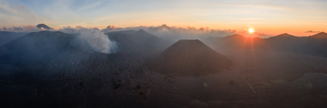 Panoramic of Mount Bromo at sunset, East Java, Indonesia