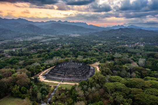 Aerial view of Borobudur temple at sunset, Central Java, Indonesia