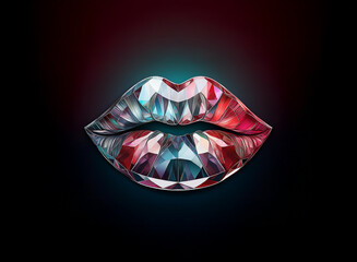 A pair of lips rendered in a striking, faceted gemstone style, glowing with iridescent red, blue, and teal hues against a dark background.  The polygonal facets create a sense of depth and shine.