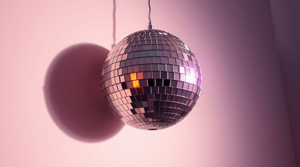 Fototapeta premium A soft pastel cinematic-style illustration of a shiny mirrored disco ball against a wall with reflections, ample copy space,