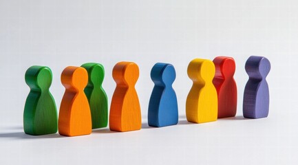 Vibrant wooden figures in different colors, each representing an individual or group of people