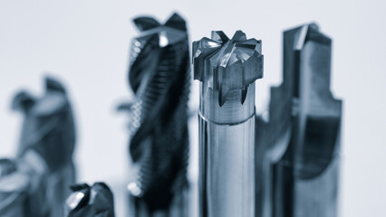 industrial drilling milling metal cutting tool with carbide cutter insert in workshop. Drills with...