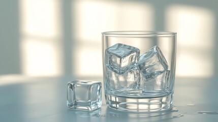 A detailed shot of a glass of soda with ice cubes, showcasing the fizzing bubbles, with light shining through the glass and a clean, simple background