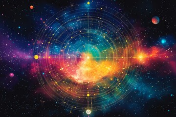 Obraz premium The signs of the zodiac arranged in a circle, with colourful constellations and planets in the background. Generative AI