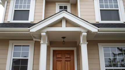 Beige house exterior with white trim, showcasing a front entryway featuring a wood door, white columns, and a triangular portico.  Multiple windows are visible, with dark gray roofing.