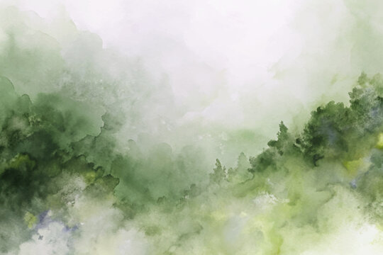 Soft green watercolor background, misty forest landscape, tranquil nature scene, artistic abstract design.