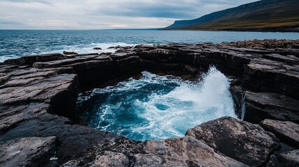Fototapeta premium Ocean waves crashing into a rocky cove.