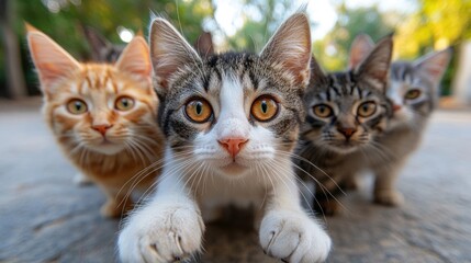 Four adorable kittens looking directly at the camera.