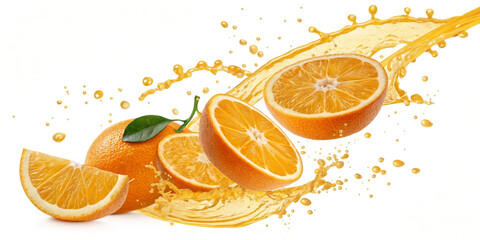 Sliced oranges are dynamically arranged with vibrant juice splashing around them. The arrangement and motion suggest freshness and vitality.AI