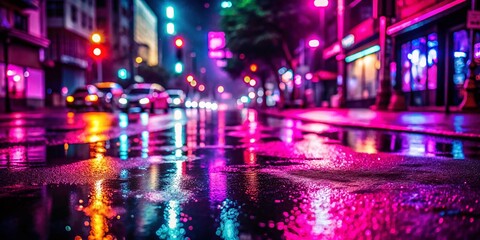 Night Cityscape: Magenta Neon Lights Reflecting on Wet Asphalt