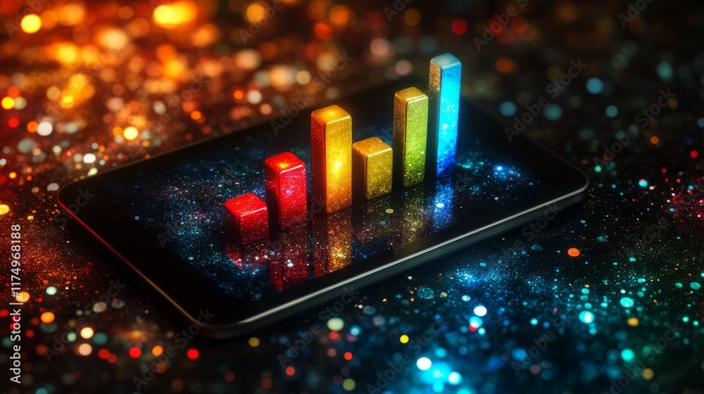 Leinwandbilder a digital bar graph on a tablet screen showing financial data with colorful rising bars against a da