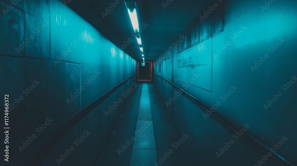 Aufkleber A dimly lit subway tunnel with smooth concrete walls and track rails leading into the distance, illuminated by soft lights along the walls, creating a mysterious atmosphere