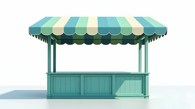 Charming pastel-colored market stall awaits!  Striped awning, wooden counter. Perfect for summer!