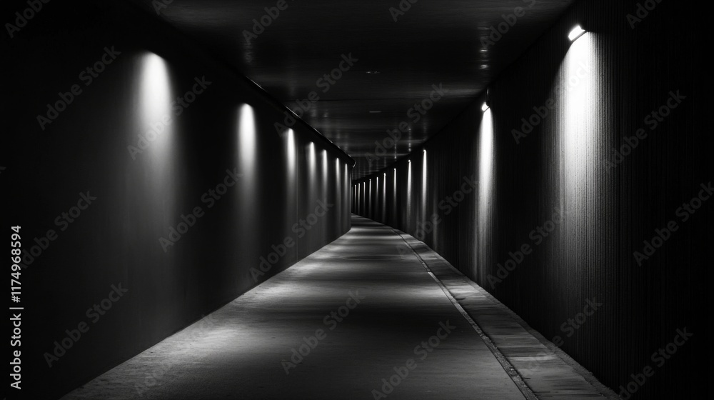 Poster A dimly lit subway tunnel with smooth concrete walls and track rails leading into the distance, illuminated by soft lights along the walls, creating a mysterious atmosphere