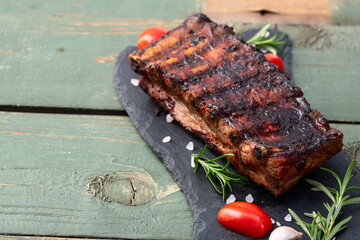 Grilled Pork ribs barbecue photography . Top view