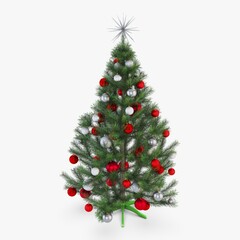 Festive Christmas tree adorned with red and silver ornaments